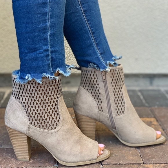 Taupe Peep Toe Perforated Laser Cut Ankle Bootie - Picture 2 of 8